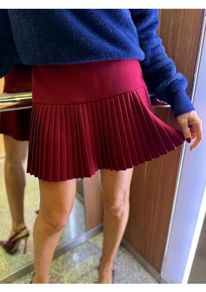Kadın Pliseli Kısa Şık Trend Klasik Bordo Mini Etek fiyatları