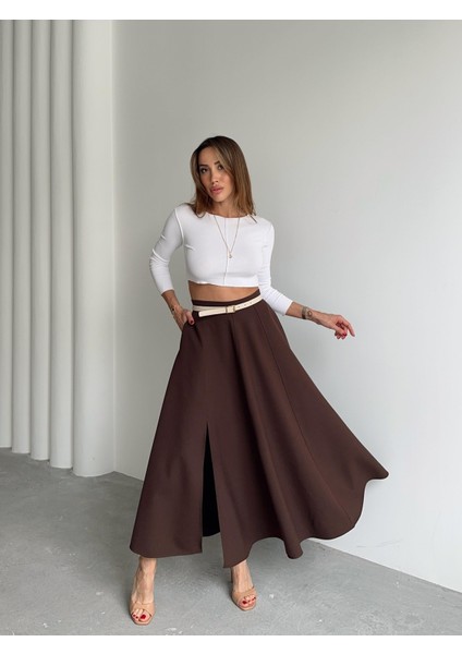 Kadın Fermuarlı Yırtmaçlı Godeli Kahverengi Etek