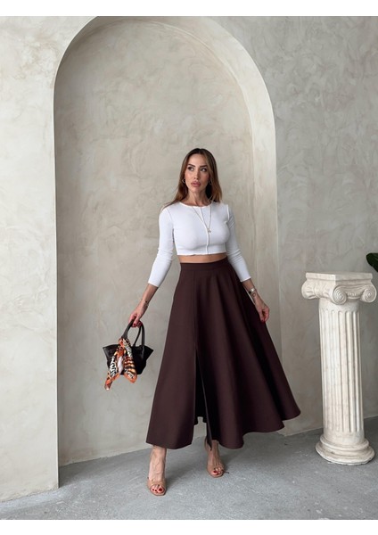 Kadın Fermuarlı Yırtmaçlı Godeli Kahverengi Etek fiyatları