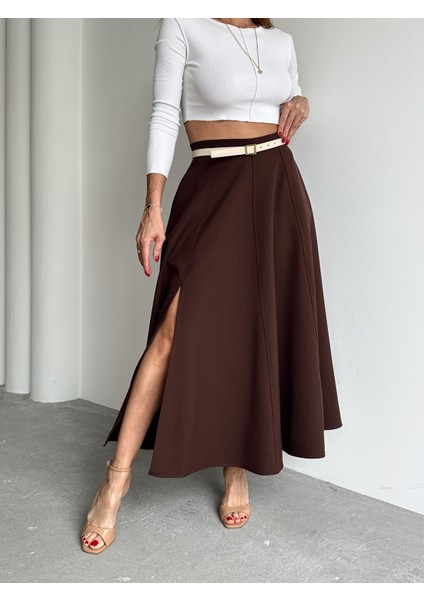 Kadın Fermuarlı Yırtmaçlı Godeli Kahverengi Etek fırsatları