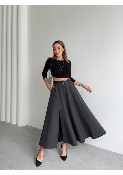 Kadın Fermuarlı Yırtmaçlı Godeli Antrasit Etek