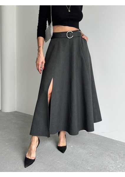 Kadın Fermuarlı Yırtmaçlı Godeli Antrasit Etek fiyatları