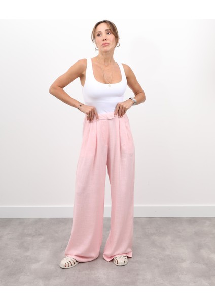 Kadın Bel Lastikli Pilise Detay Pembe Keten Palazzo Pantolon