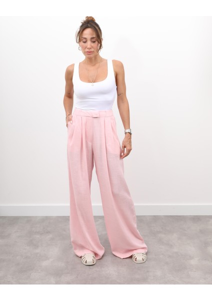 Kadın Bel Lastikli Pilise Detay Pembe Keten Palazzo Pantolon fiyatları