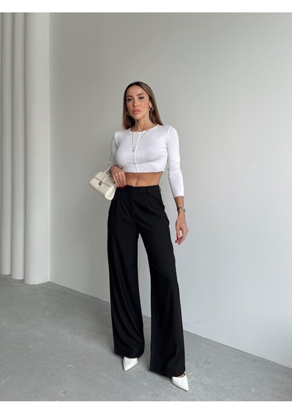 Kadın Tokalı Yüksek Bel Siyah Palazzo Pantolon