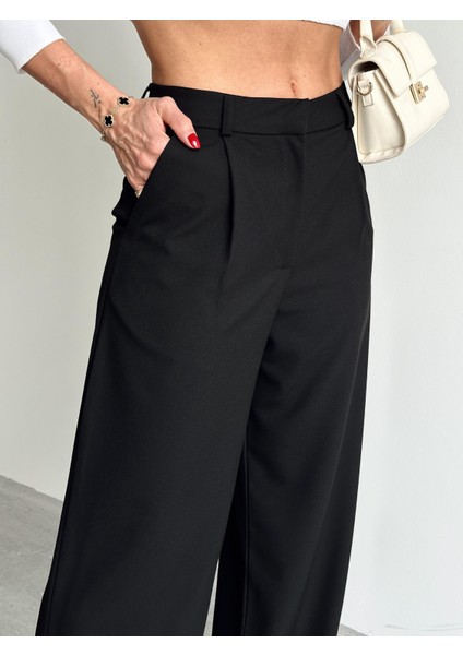 Kadın Tokalı Yüksek Bel Siyah Palazzo Pantolon modelleri