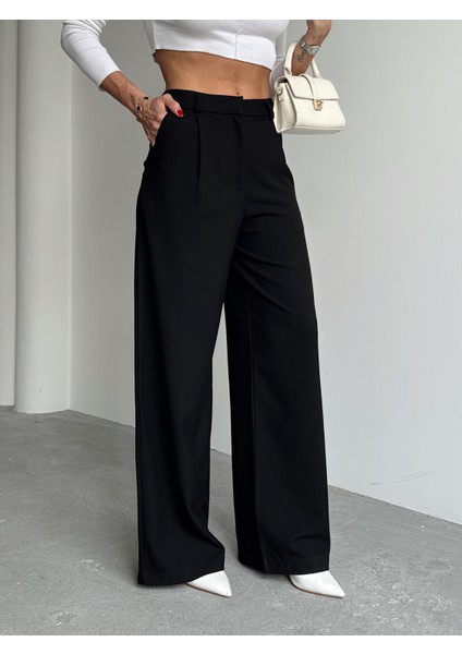 Kadın Tokalı Yüksek Bel Siyah Palazzo Pantolon indirimleri