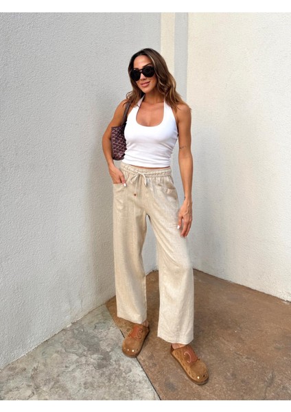 Kadın Bel Lastikli Ege Taş Oversize Keten Pantolon