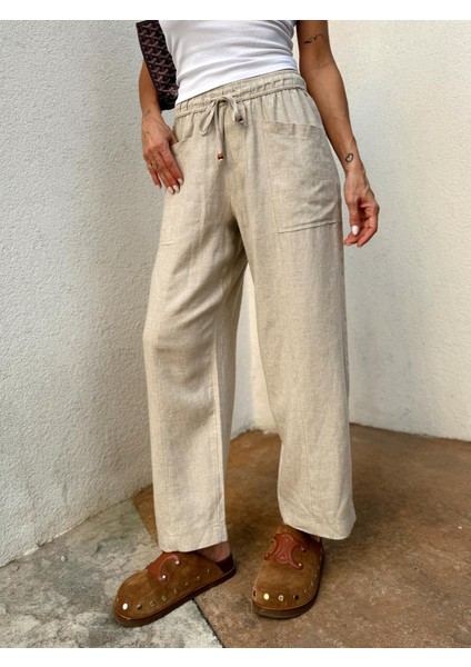 Kadın Bel Lastikli Ege Taş Oversize Keten Pantolon modelleri