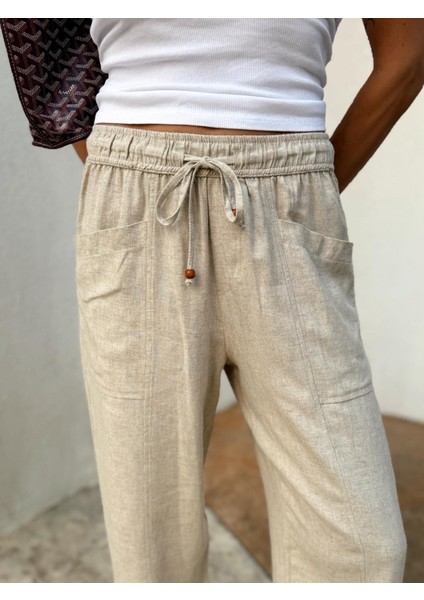 Kadın Bel Lastikli Ege Taş Oversize Keten Pantolon fırsatları