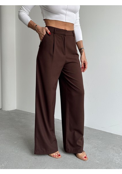 Kadın Tokalı Yüksek Bel Kahverengi Palazzo Pantolon fiyatları