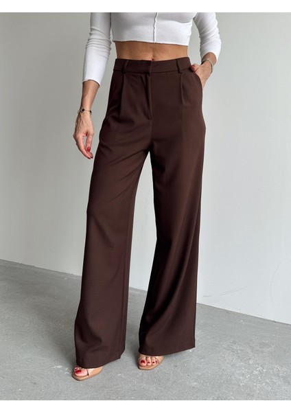 Kadın Tokalı Yüksek Bel Kahverengi Palazzo Pantolon modelleri