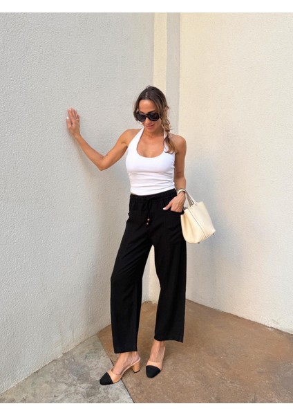Kadın Bel Lastikli Ege Siyah Oversize Keten Pantolon