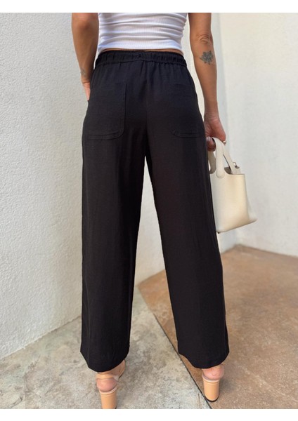 Kadın Bel Lastikli Ege Siyah Oversize Keten Pantolon fiyatları
