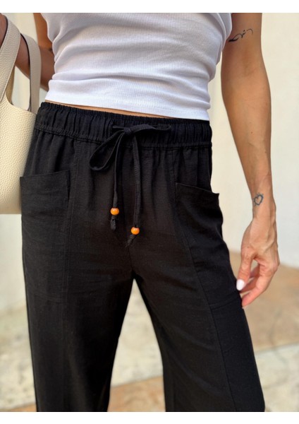 Kadın Bel Lastikli Ege Siyah Oversize Keten Pantolon modelleri