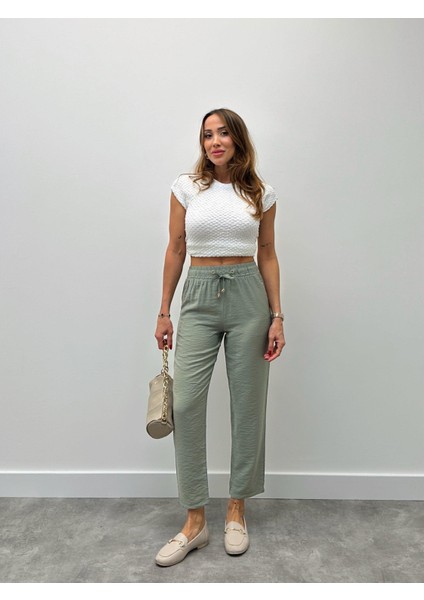 Kadın Modal Kumaş Kuş Gözü Bağcıklı Haki Pantolon