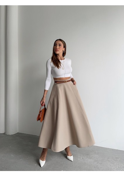 Kadın Fermuarlı Yırtmaçlı Godeli Krem Etek