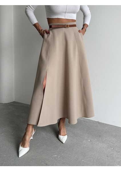 Kadın Fermuarlı Yırtmaçlı Godeli Krem Etek modelleri