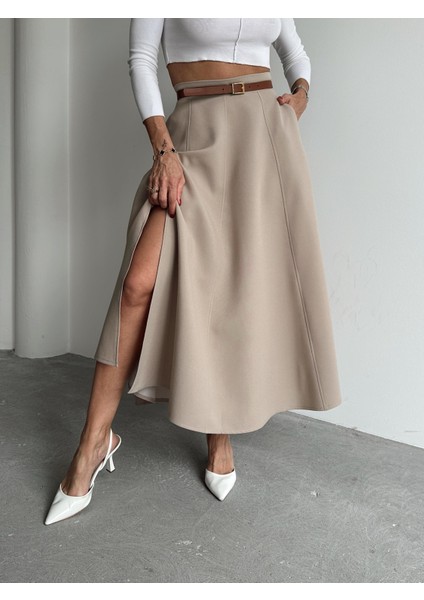 Kadın Fermuarlı Yırtmaçlı Godeli Krem Etek fırsatları