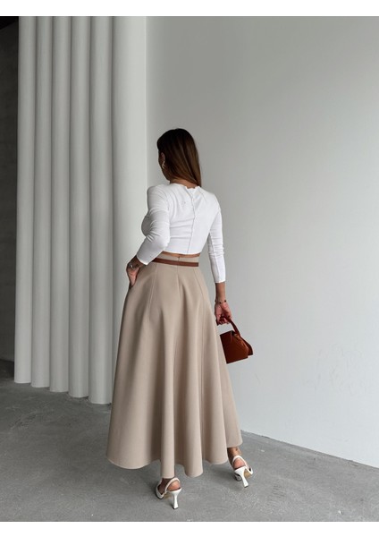 Kadın Fermuarlı Yırtmaçlı Godeli Krem Etek indirimleri