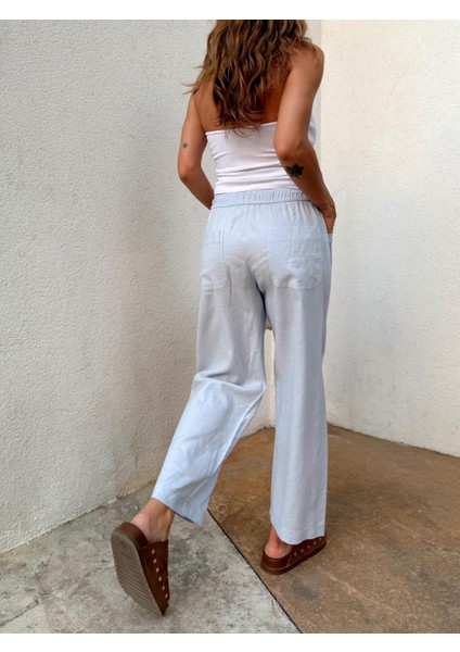 Kadın Bel Lastikli Ege Bebe Mavi Oversize Keten Pantolon fiyatları