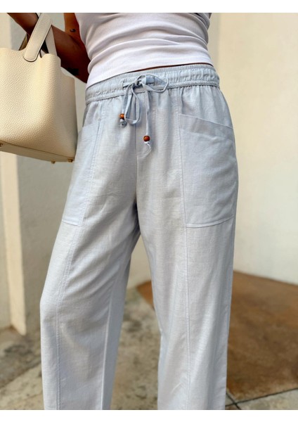 Kadın Bel Lastikli Ege Bebe Mavi Oversize Keten Pantolon modelleri