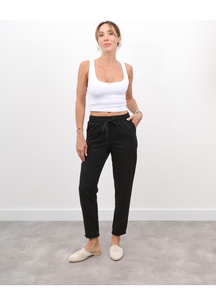 Kadın Beli Lastikli Paçası Püskül Detay Parça Boya Gabardin Siyah Pantolon