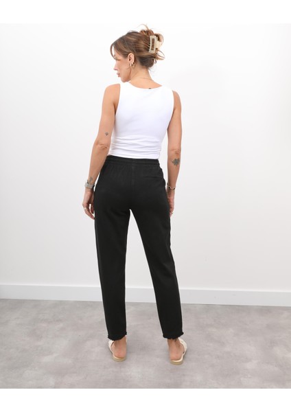 Kadın Beli Lastikli Paçası Püskül Detay Parça Boya Gabardin Siyah Pantolon fiyatları