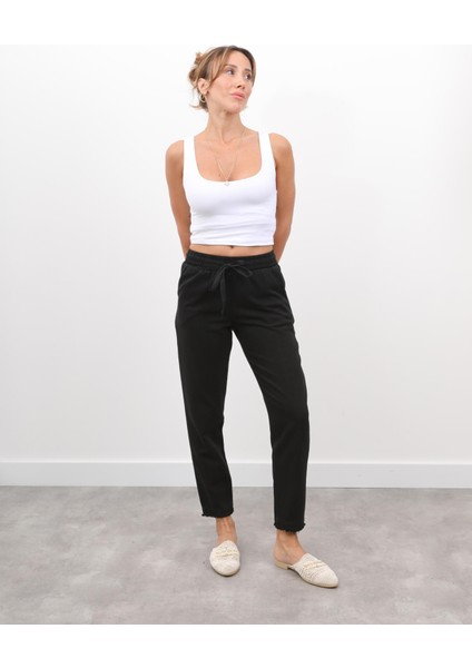 Kadın Beli Lastikli Paçası Püskül Detay Parça Boya Gabardin Siyah Pantolon fırsatları
