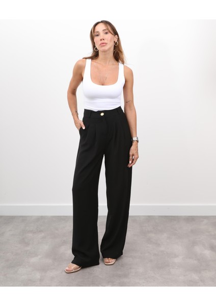Kadın Yüksel Bel Arkası Lastikli Pileli Palazzo Siyah Pantolon