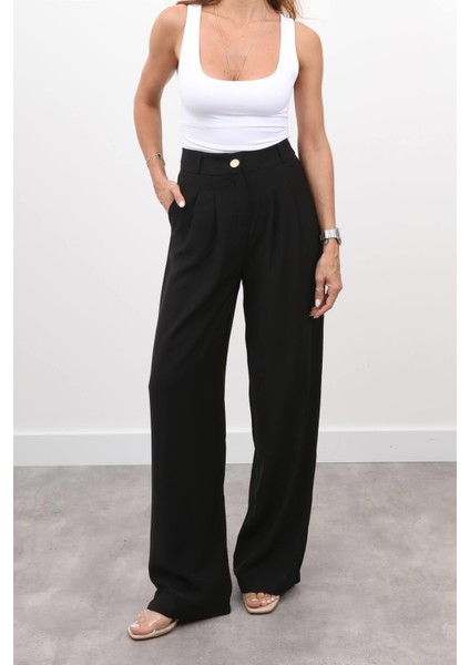 Kadın Yüksel Bel Arkası Lastikli Pileli Palazzo Siyah Pantolon fiyatları