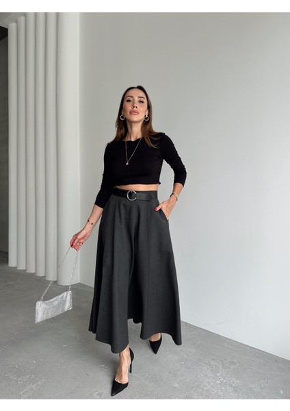 Kadın Fermuarlı Yırtmaçlı Godeli Antrasit Etek indirimleri
