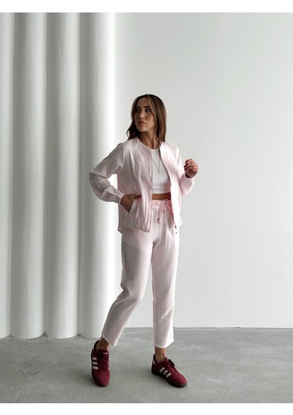 Kadın Fermuarlı Ceket Pantolon Alt-Üst Pembe Takım