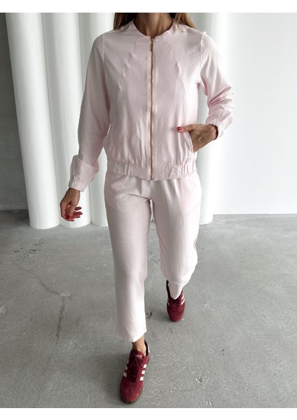 Kadın Fermuarlı Ceket Pantolon Alt-Üst Pembe Takım modelleri