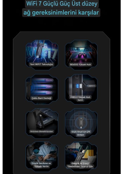 Wifi-7 6G+5G+2.5G 3 Bant 6500Mbps. Usb 3.0 Yüksek Hızlı Wifi Adaptör Ce Lisanslı Sertifikalı Yeni Nesil Son Teknoloji Orjinal fiyatları