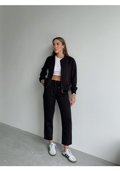 Kadın Fermuarlı Ceket Pantolon Alt-Üst Siyah Takım