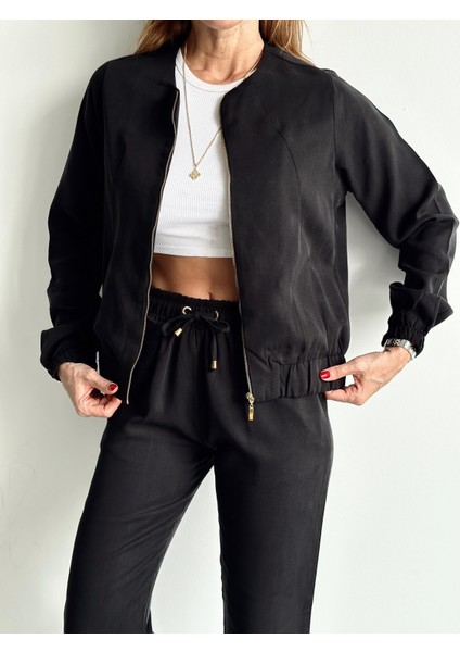 Kadın Fermuarlı Ceket Pantolon Alt-Üst Siyah Takım modelleri