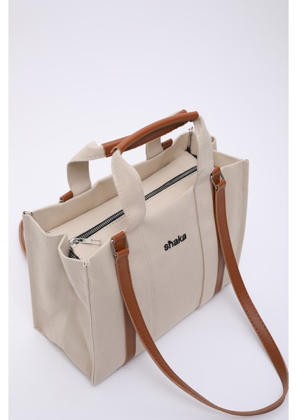 Krem SHK170 Kanvas Kumaş, Tek Bölmeli, Iç Cepli, Astarlı, Femuarlı El, Kol ve Omuz Çantası