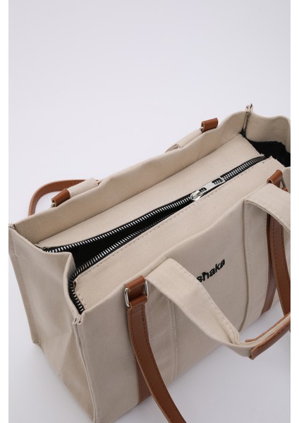 Krem SHK170 Kanvas Kumaş, Tek Bölmeli, Iç Cepli, Astarlı, Femuarlı El, Kol ve Omuz Çantası