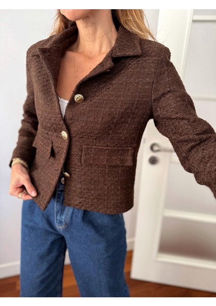Kadın Dore Düğmeli Blazer Kahverengi Tüvit Ceket