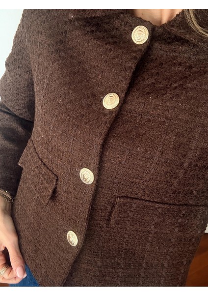 Kadın Dore Düğmeli Blazer Kahverengi Tüvit Ceket fiyatları