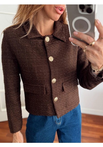 Kadın Dore Düğmeli Blazer Kahverengi Tüvit Ceket modelleri