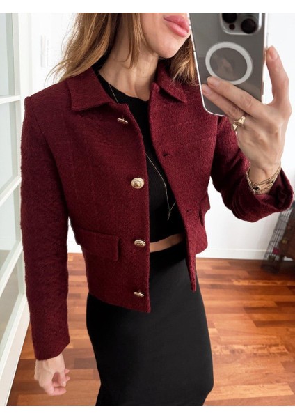 Kadın Dore Düğmeli Blazer Bordo Tüvit Ceket fiyatları