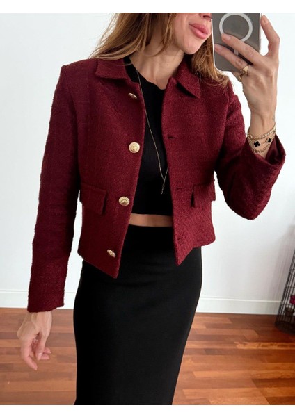 Kadın Dore Düğmeli Blazer Bordo Tüvit Ceket modelleri