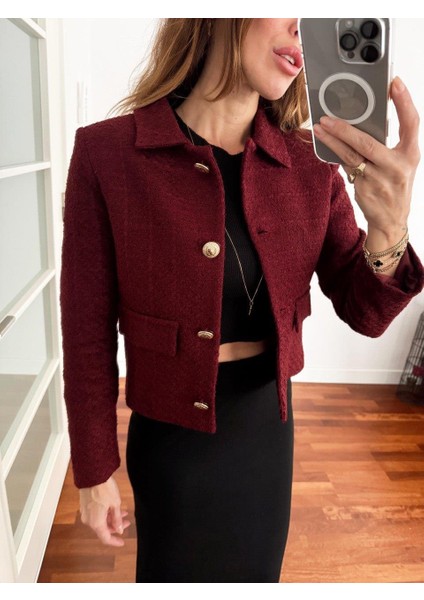 Kadın Dore Düğmeli Blazer Bordo Tüvit Ceket fırsatları