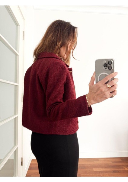 Kadın Dore Düğmeli Blazer Bordo Tüvit Ceket indirimleri