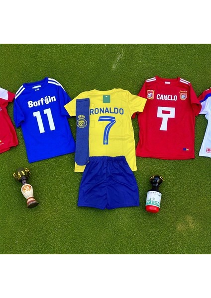 Çocuk Ronaldo Al Nassr 2023/24 Sarı Halı Saha Forma Tişört Şort Armalı Çoraplı