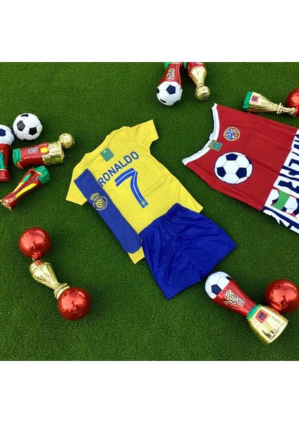 Çocuk Ronaldo Al Nassr 2023/24 Sarı Halı Saha Forma Tişört Şort Armalı Çoraplı modelleri