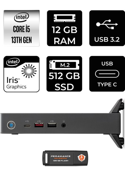 Veriton 2000 Intel Core I5 1334U 12GB 512GB SSD Fdos Mini Masaüstü Bilgisayar & Per4 USB Bellek DTR3PEM001P307