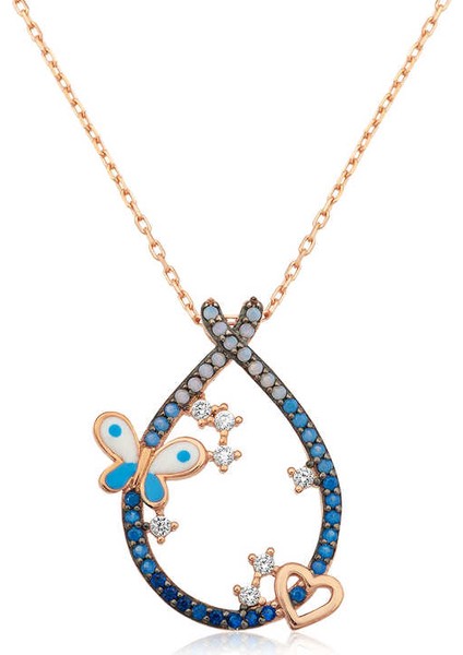 925 Ayar Gümüş Kalpli Kelebekli Damla Kolye T4188 (593593)